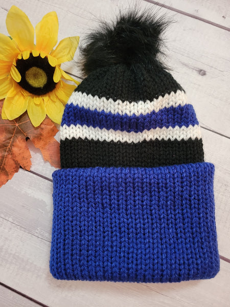 Striped Dream Country Craft Barn Reversible Knit Hat - Blue/White/Black (#2019)