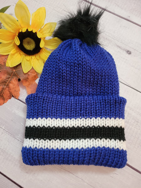 Striped Dream Country Craft Barn Reversible Knit Hat - Blue/White/Black (#2019)