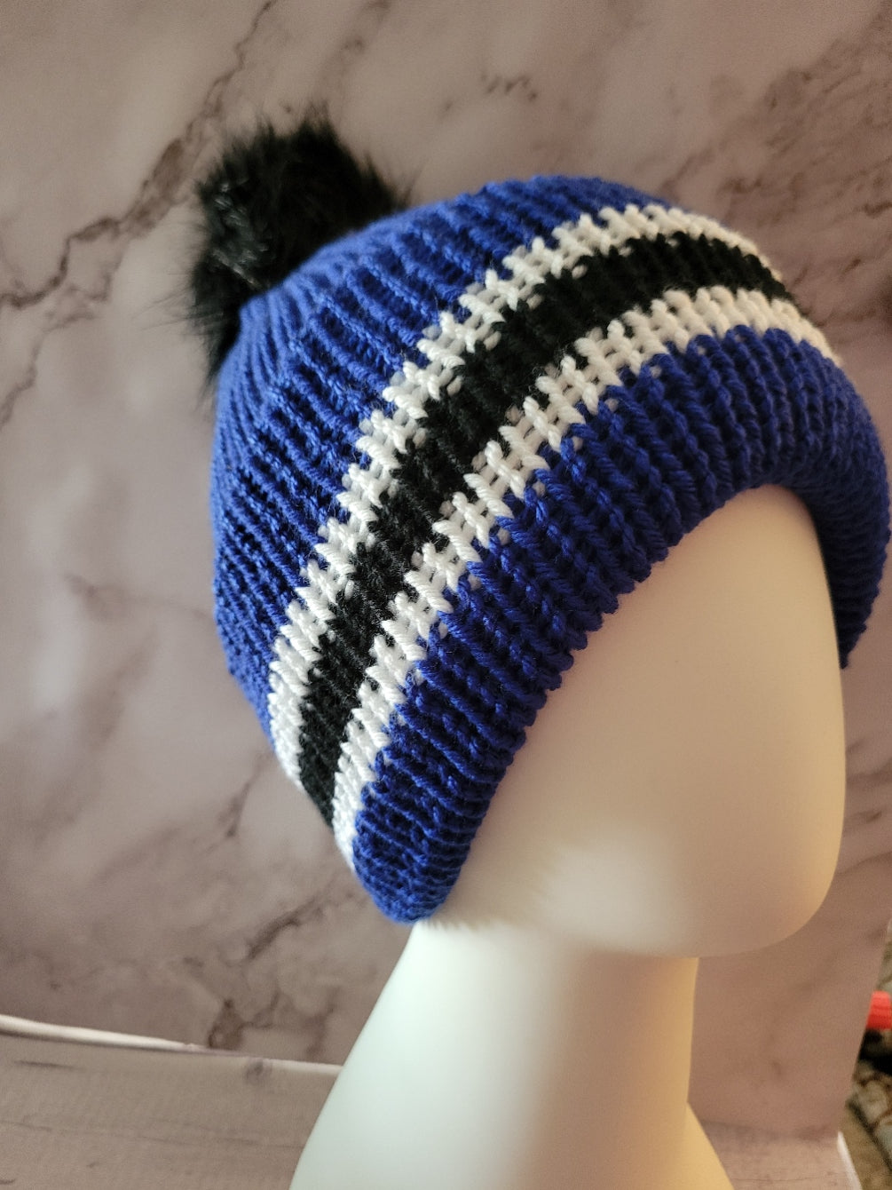 Striped Dream Country Craft Barn Reversible Knit Hat - Blue/White/Black (KH-2019)