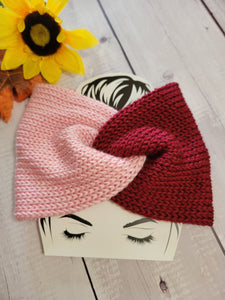 Twist Knot - Burgundy/Pink Country Craft Barn Cross Knit Ear Warmer (#935)