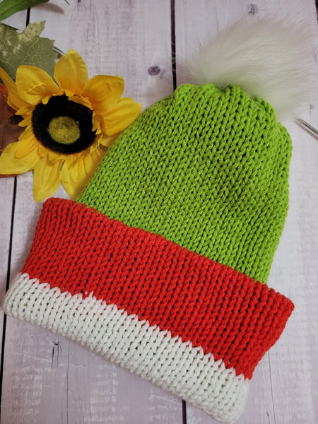 Grinchy Country Craft Barn Reversible Knit Hat - Green/White/Red (#2020)