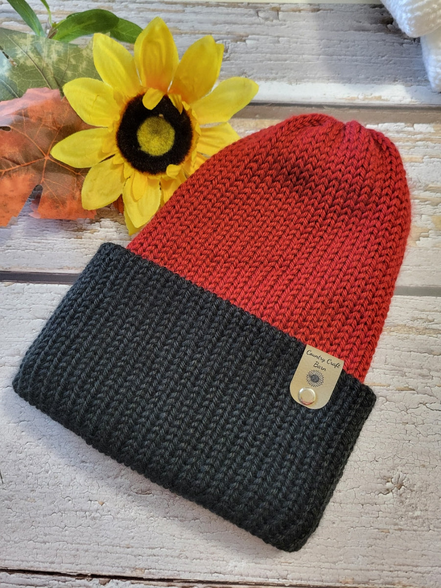 Autumn Red/Black - Country Craft Barn Reversible Knit Hat - (KH-2024)