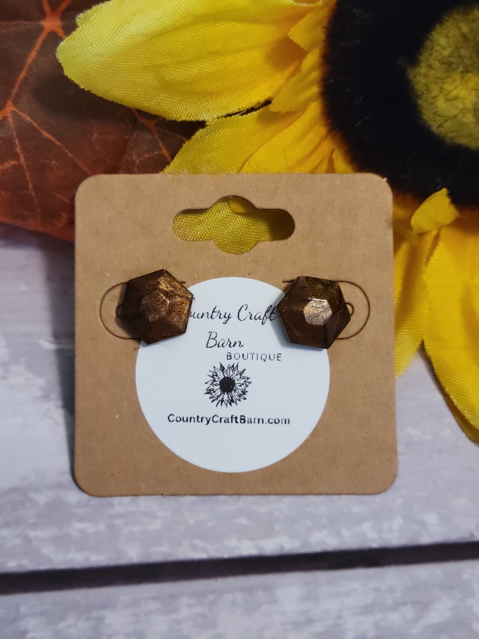 Little Diva - Brown Mica Hexagon Post Country Craft Barn Earrings (#1514)