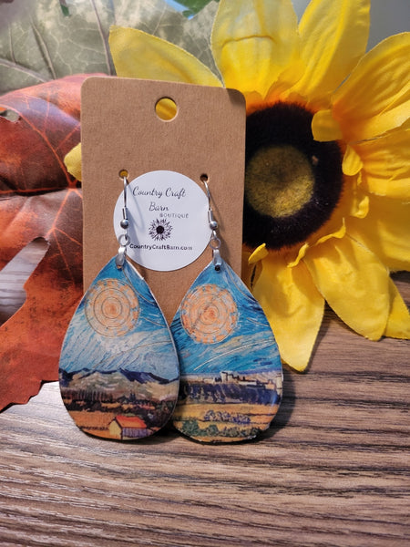 Watercolor Landscape -  Teardrop Country Craft Barn Earrings (#006)