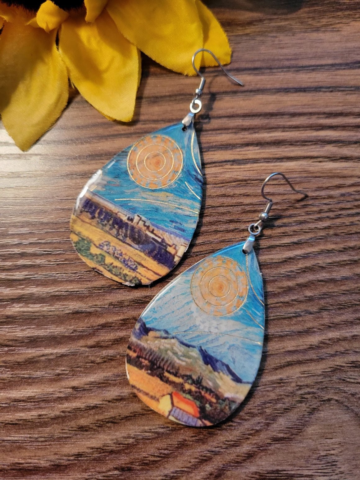 Watercolor Landscape -  Teardrop Country Craft Barn Earrings (#006)