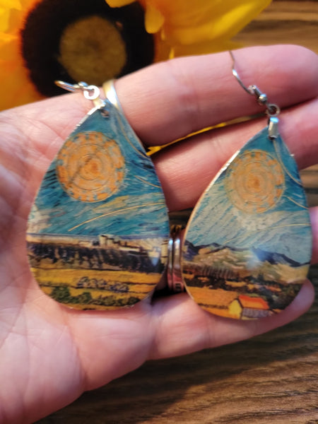 Watercolor Landscape -  Teardrop Country Craft Barn Earrings (#006)