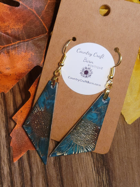 Golden Floral - Sunflower Teal Triangle Country Craft Barn Earrings (#305E)