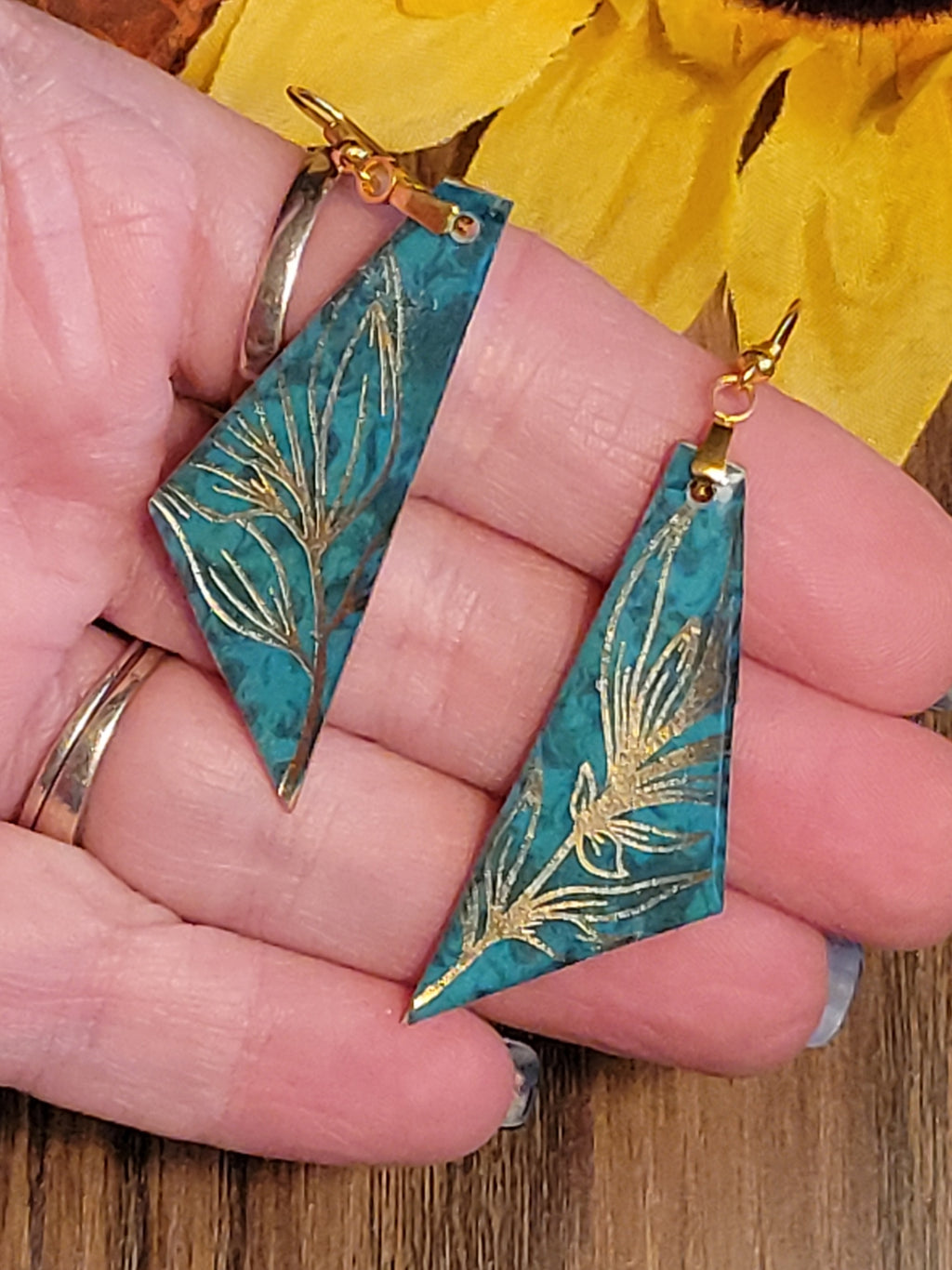 Golden Floral - Teal Triangle Country Craft Barn Earrings (#303E)