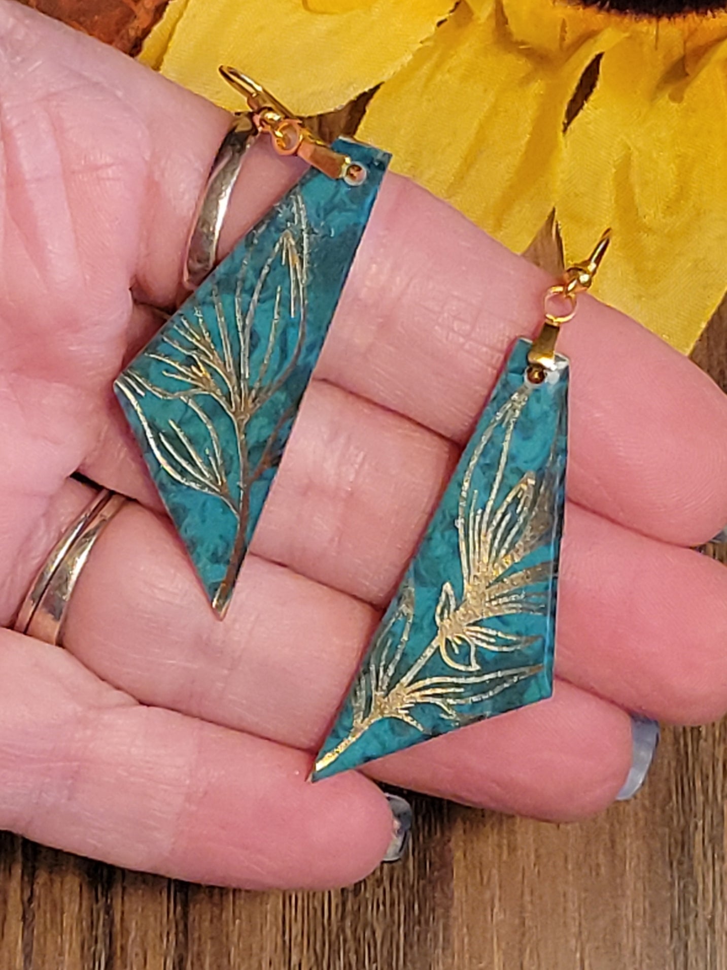 Golden Floral - Teal Triangle Country Craft Barn Earrings (#303E)