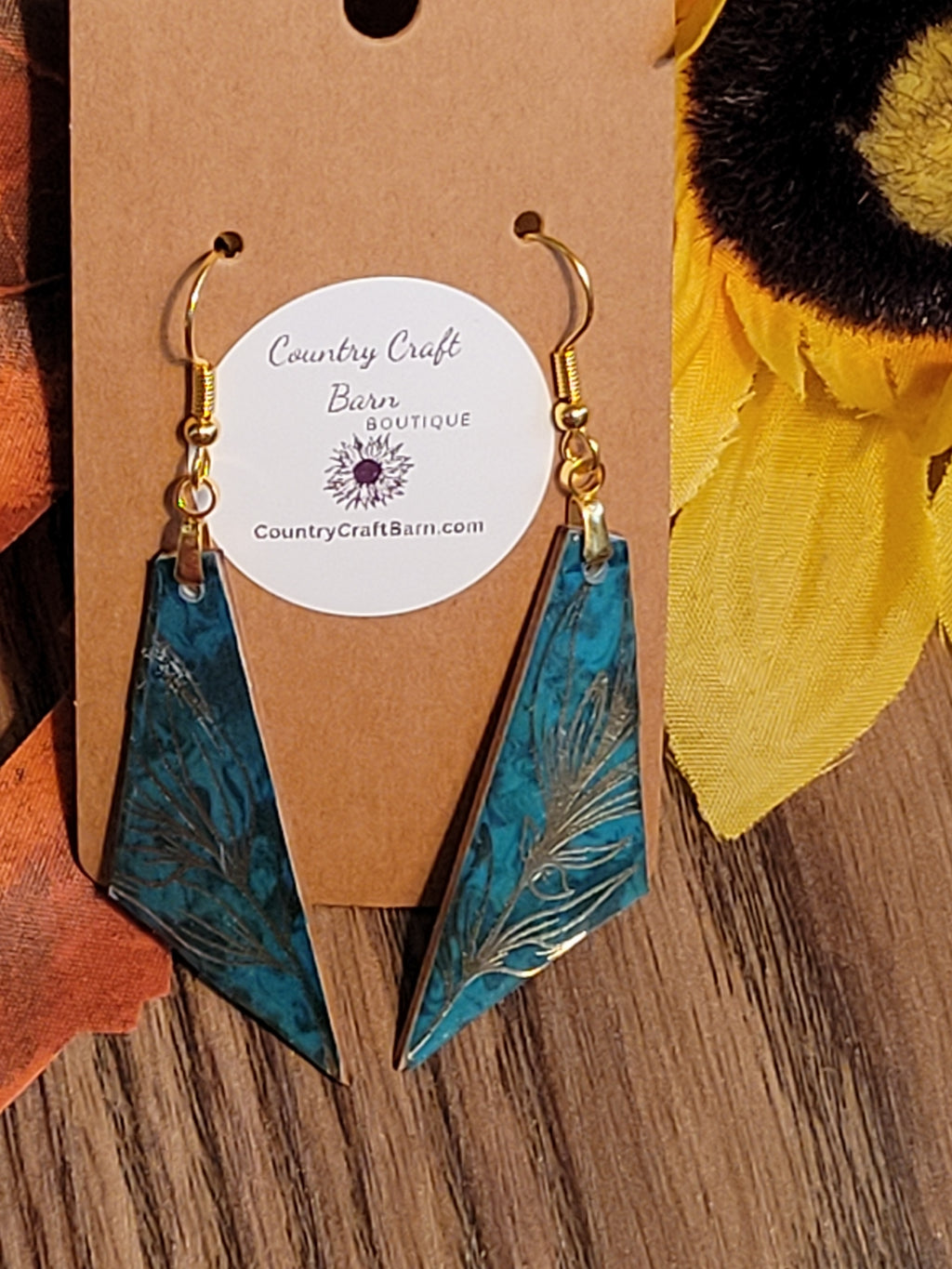 Golden Floral - Teal Triangle Country Craft Barn Earrings (#303E)