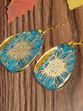 Golden Floral - Teal Teardrop Country Craft Barn Earrings (#302E)