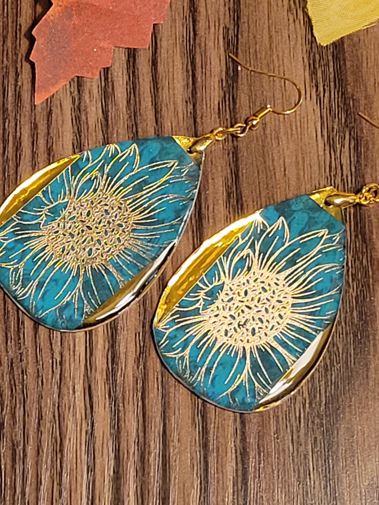 Golden Floral - Teal Teardrop Country Craft Barn Earrings (#302E)