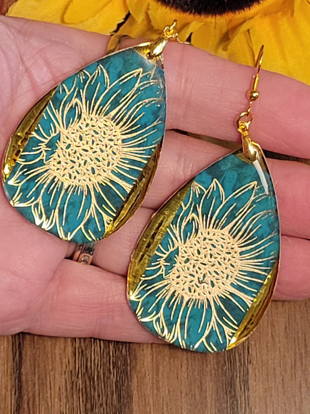 Golden Floral - Teal Teardrop Country Craft Barn Earrings (#302E)