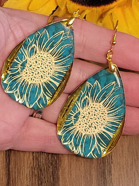 Golden Floral - Teal Teardrop Country Craft Barn Earrings (#302E)
