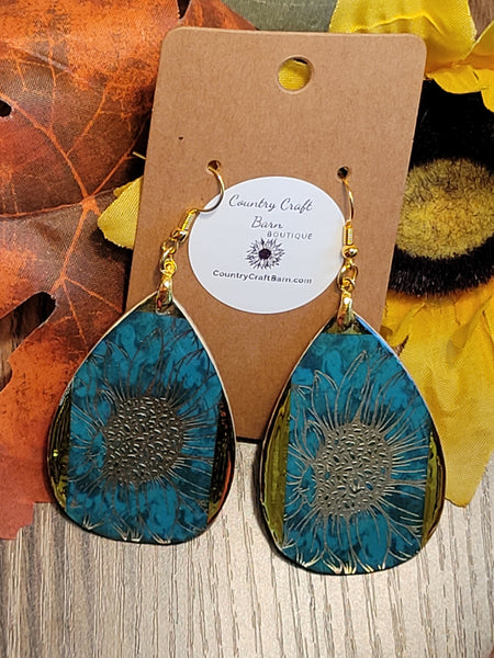 Golden Floral - Teal Teardrop Country Craft Barn Earrings (#302E)