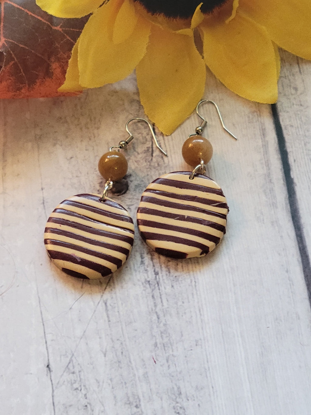 Super Stripes- Burgundy/Tan Color Country Craft Barn Earrings (#311E)