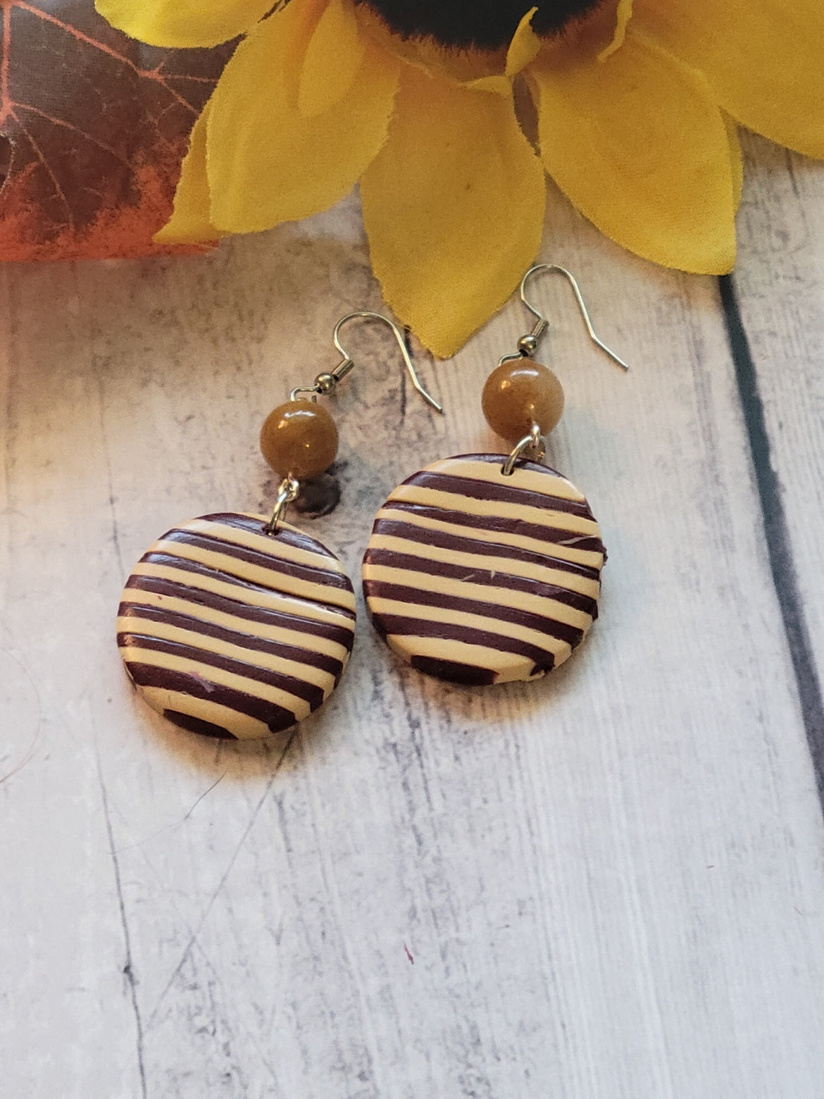 Super Stripes- Burgundy/Tan Color Country Craft Barn Earrings (#311E)