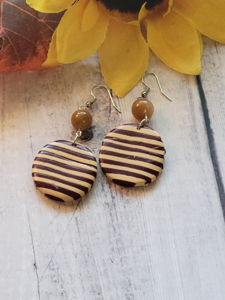 Super Stripes- Burgundy/Tan Color Country Craft Barn Earrings (#311E)