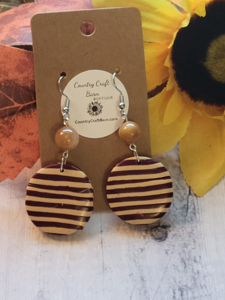 Super Stripes- Burgundy/Tan Color Country Craft Barn Earrings (#311E)