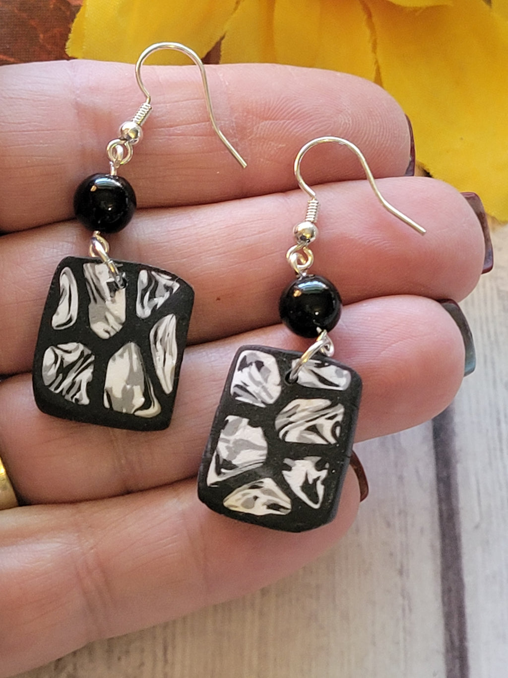 Ebony Cornerstones - Black/White Country Craft Barn Earrings (#330E)