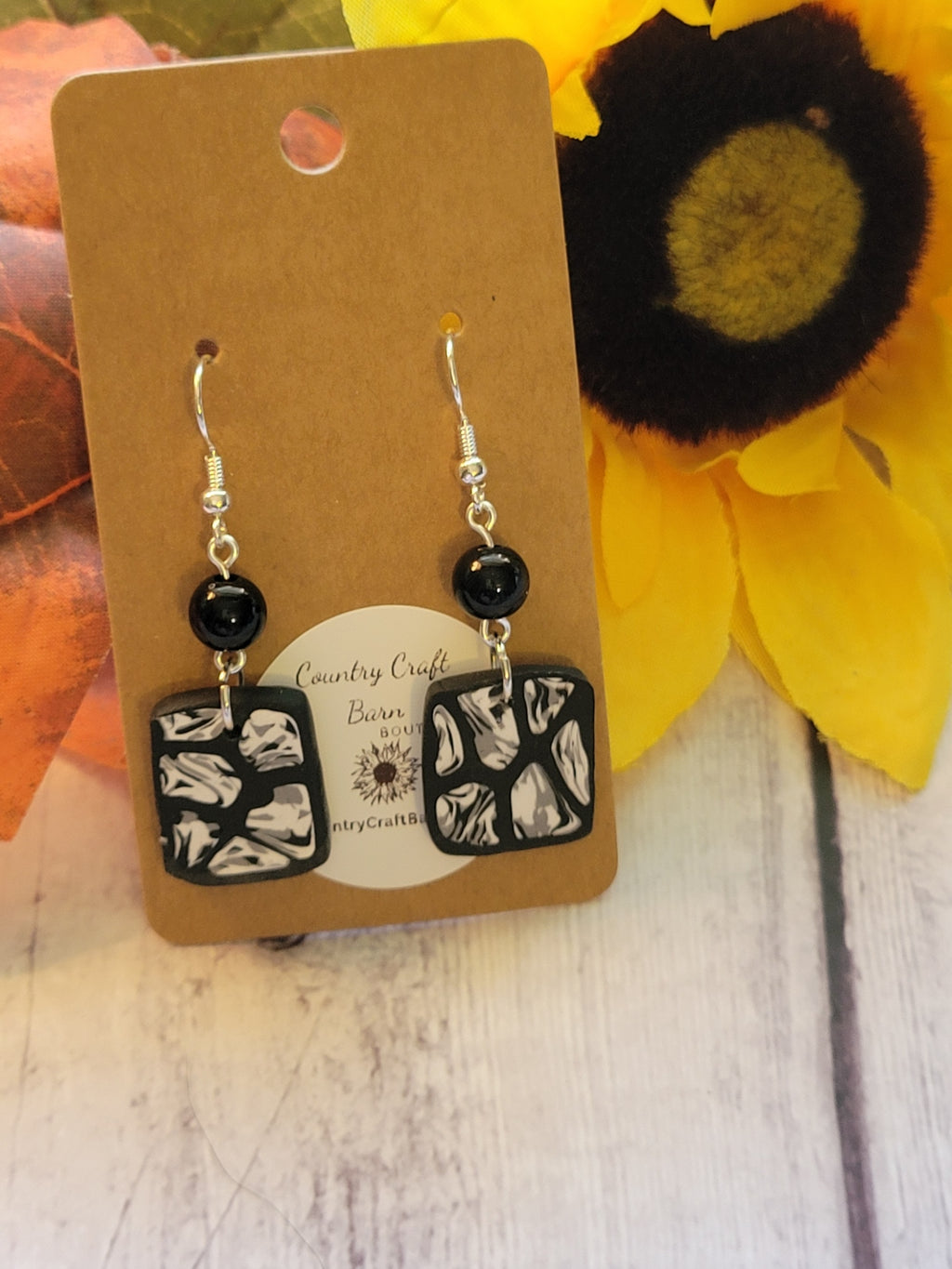 Ebony Cornerstones - Black/White Country Craft Barn Earrings (#330E)