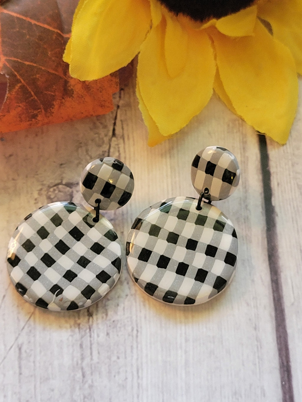 Gingham Girl - Black/White Country Craft Barn Earrings (#327E)