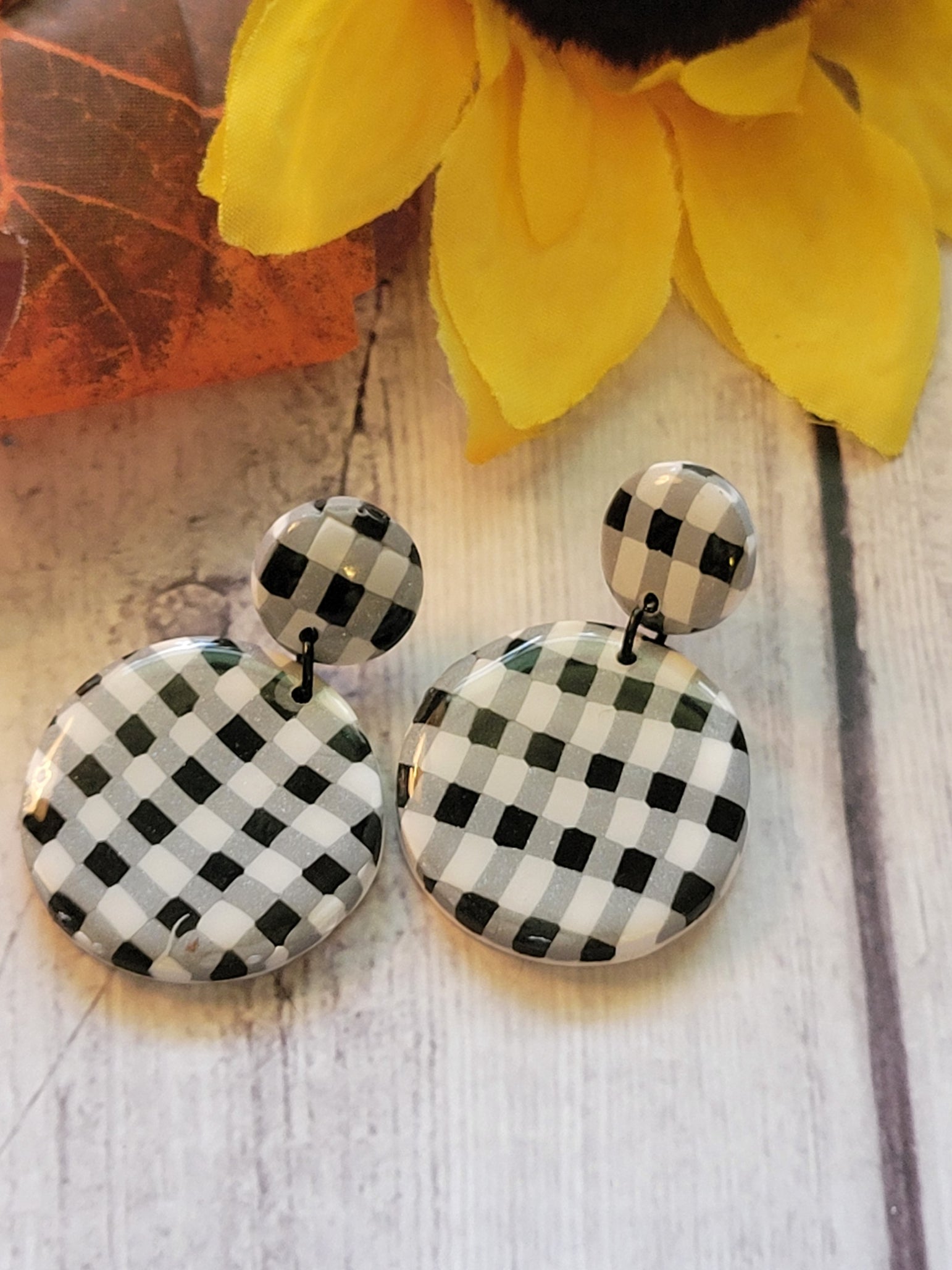 Gingham Girl - Black/White Country Craft Barn Earrings (#327E)
