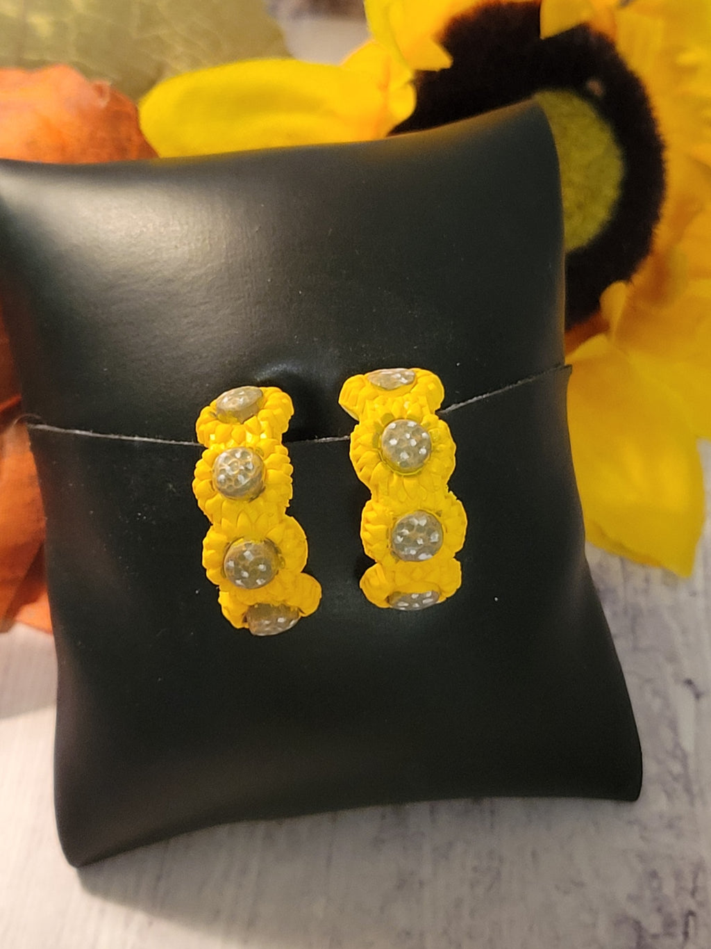 Sunflower Huggie Hoops - Yellow Country Craft Barn Earrings (#345E)