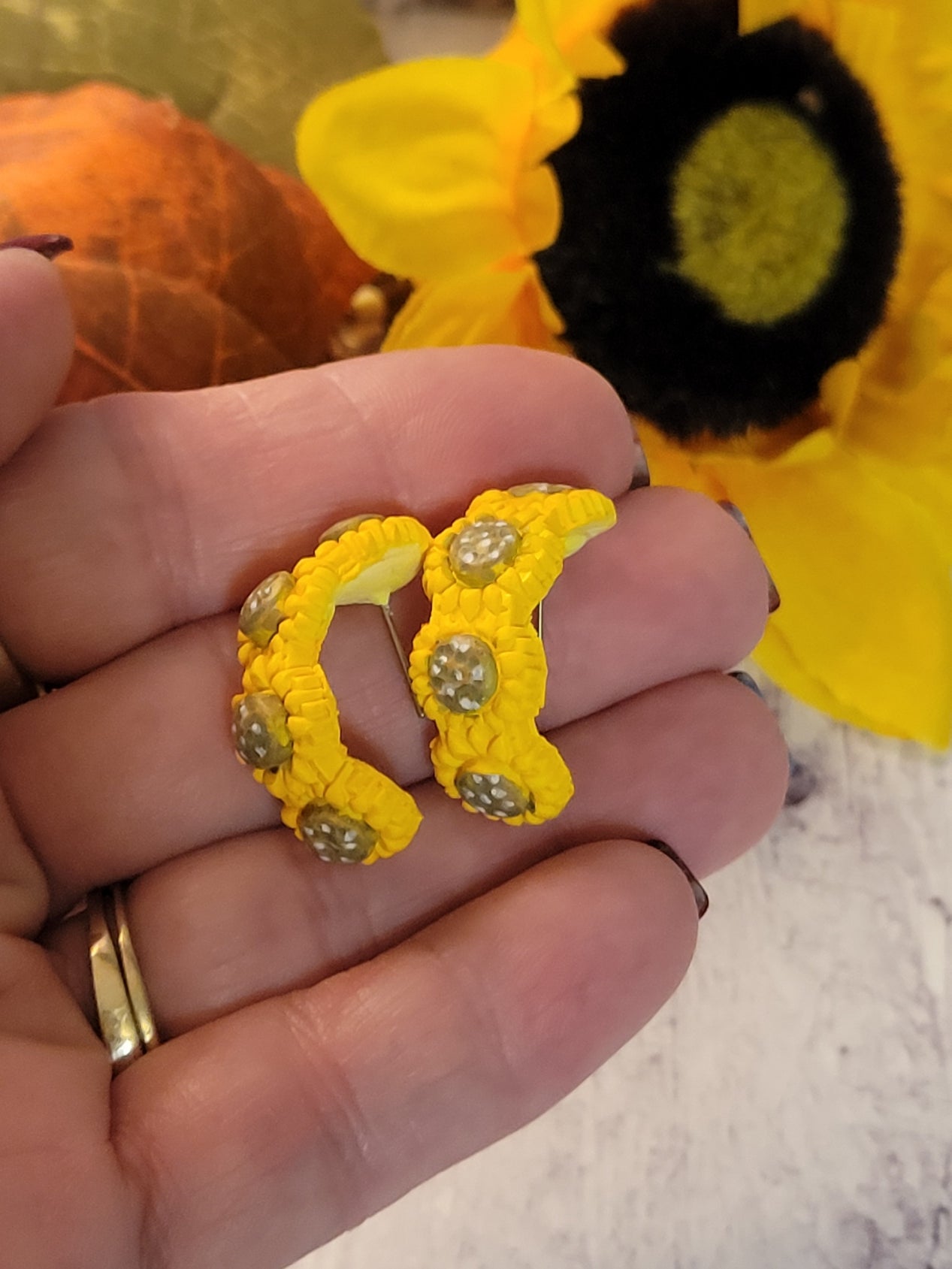 Sunflower Huggie Hoops - Yellow Country Craft Barn Earrings (#345E)