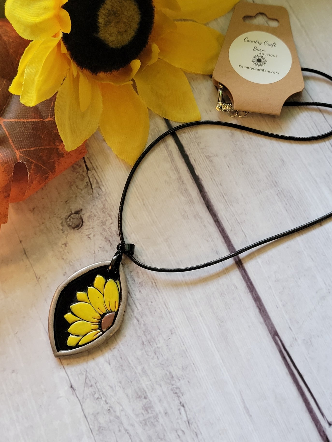 Golden Bloom Polymer Clay Pendant - Yellow Country Craft Barn Necklace (#645)