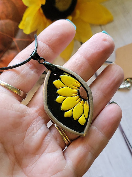 Golden Bloom Polymer Clay Pendant - Yellow Country Craft Barn Necklace (#645)