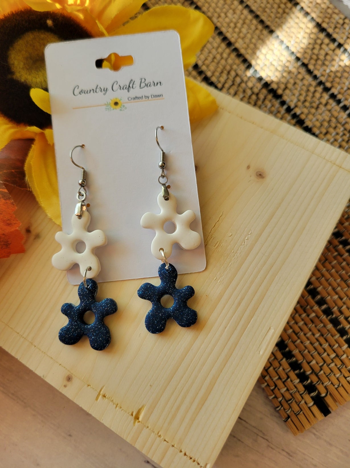 Retro Bloom Duo -Galaxy Glitter Blue Country Craft Barn Earrings (387E)