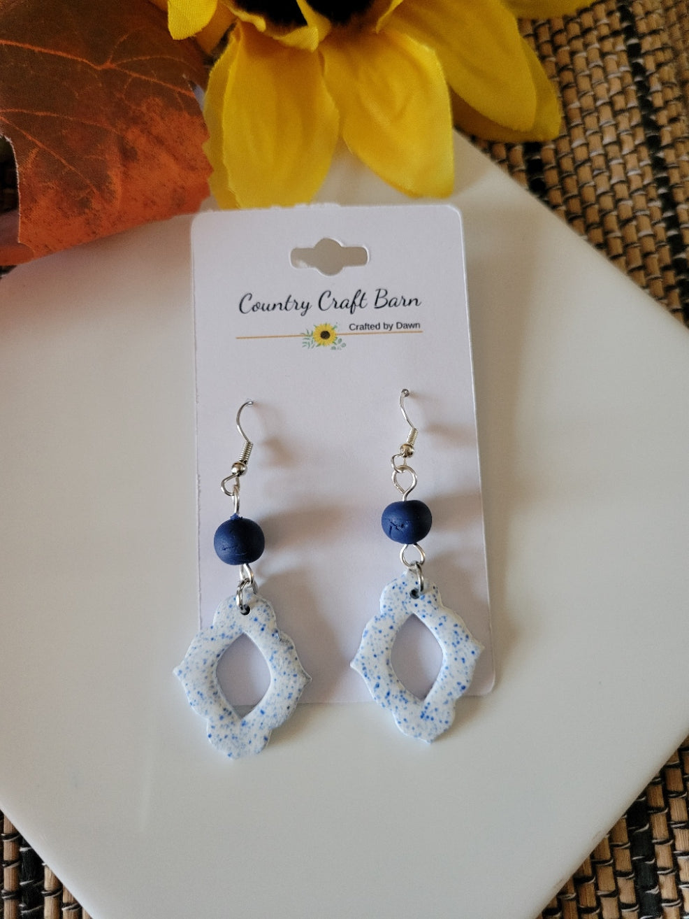Porcelain Lace Drops– Speckled - Blue Country Craft Barn Polymer Clay Earrings (390E)