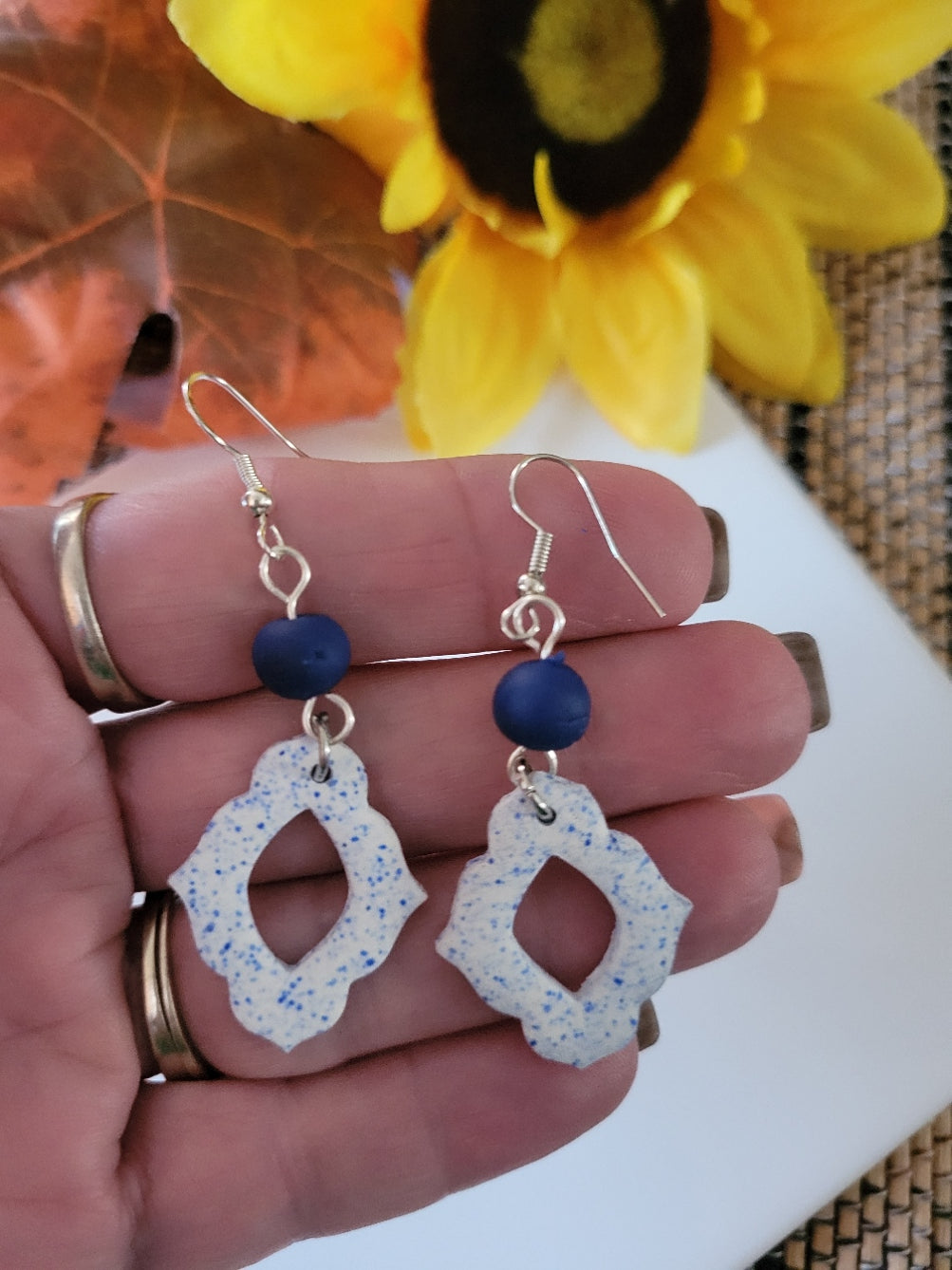 Porcelain Lace Drops– Speckled - Blue Country Craft Barn Polymer Clay Earrings (390E)