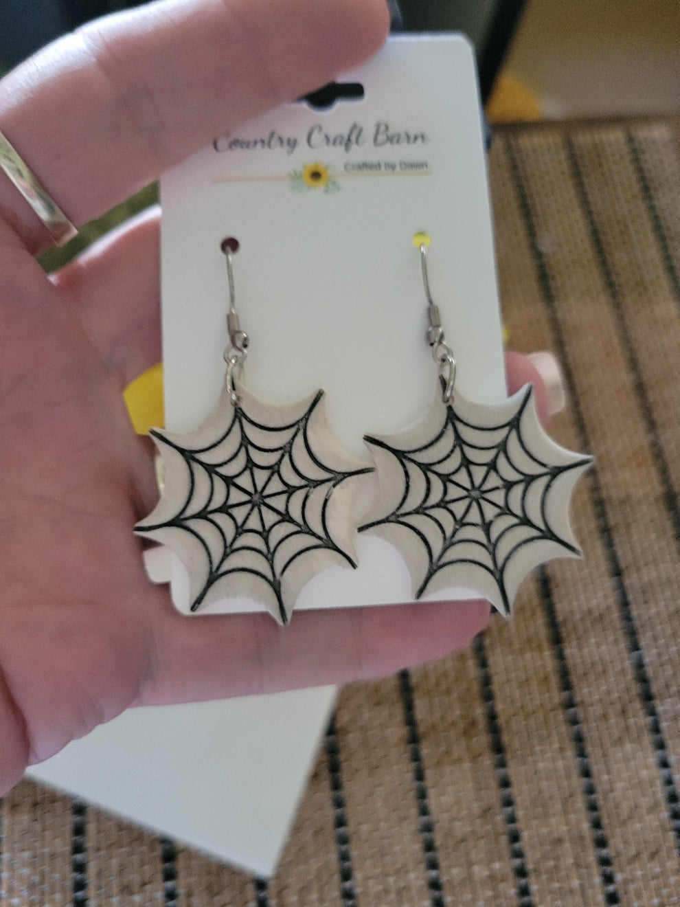 Webbed Whispers - Black/White Country Craft Barn Earrings (393E)