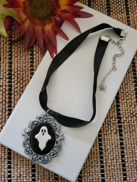 👻 Midnight Apparition Polymer Clay Choker – Gothic Elegance with a Spectral Touch - Black Country Craft Barn Necklace (NL-654)