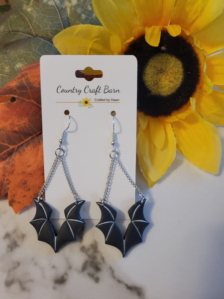 🦇 "Nocturnal Wings" – Black Bat Black Silhouette Country Craft Barn Earrings (#395E)