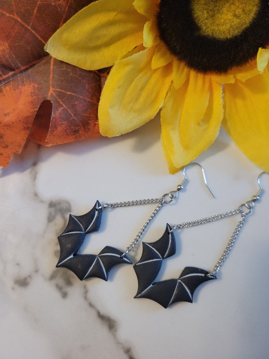 🦇 "Nocturnal Wings" – Black Bat Black Silhouette Country Craft Barn Earrings (#395E)