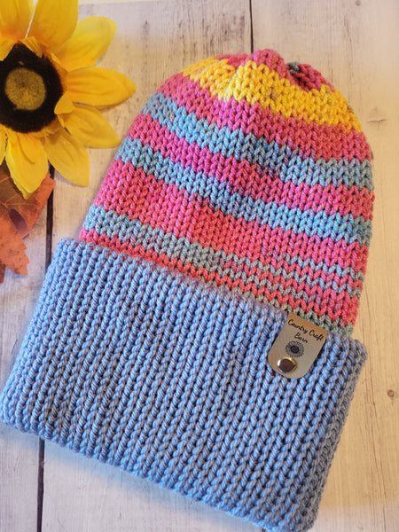 Campfire Beanie - Multi/Blue - Country Craft Barn Reversible Knit Hat - (KH-2032)