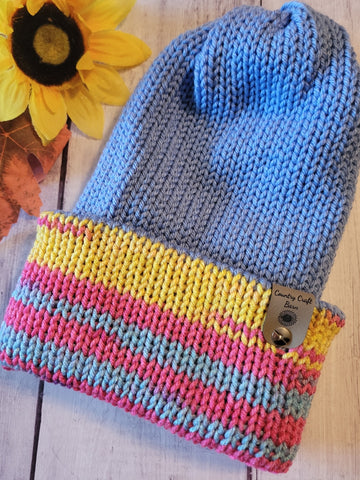 Campfire Beanie - Multi/Blue - Country Craft Barn Reversible Knit Hat - (KH-2032)