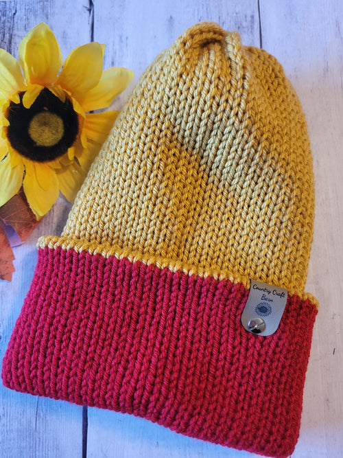 Campfire Beanie - Red/Gold - Country Craft Barn Reversible Knit Hat - (KH-2029)