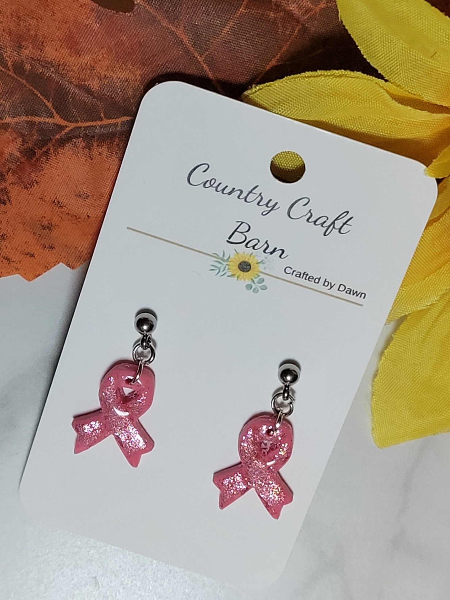 Ribbon of Courage – Pink Glitter Craft Barn Earrings (#420E)