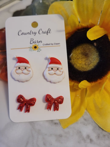 🎄 Santa Smiles & Holiday Bows – Country Craft Barn Festive Post Earring Set (SS-001)