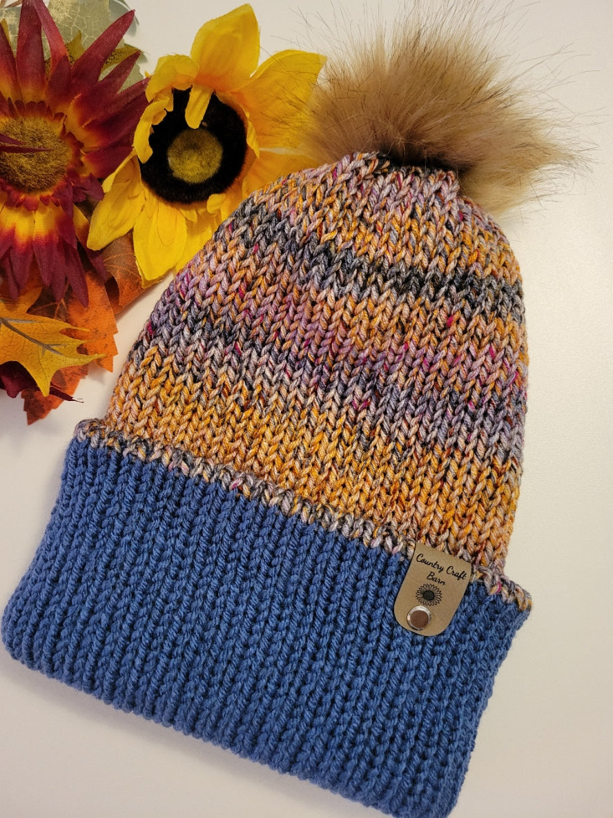 Pom Pom Hat - Daybreak/Blue - Country Craft Barn Reversible Knit Hat - (KH-2030)