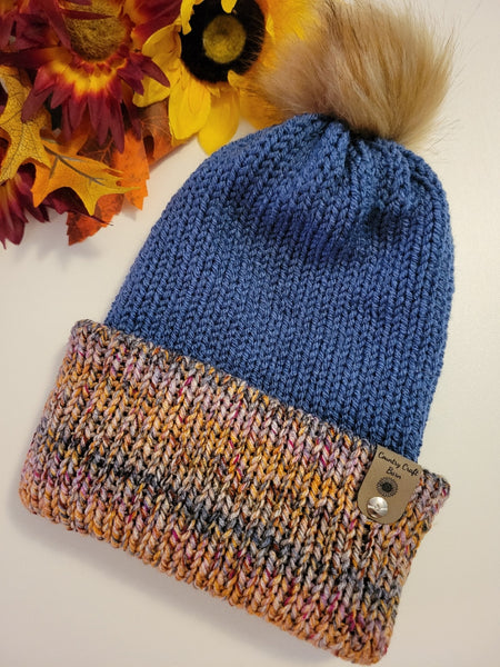Pom Pom Hat - Daybreak/Blue - Country Craft Barn Reversible Knit Hat - (KH-2030)