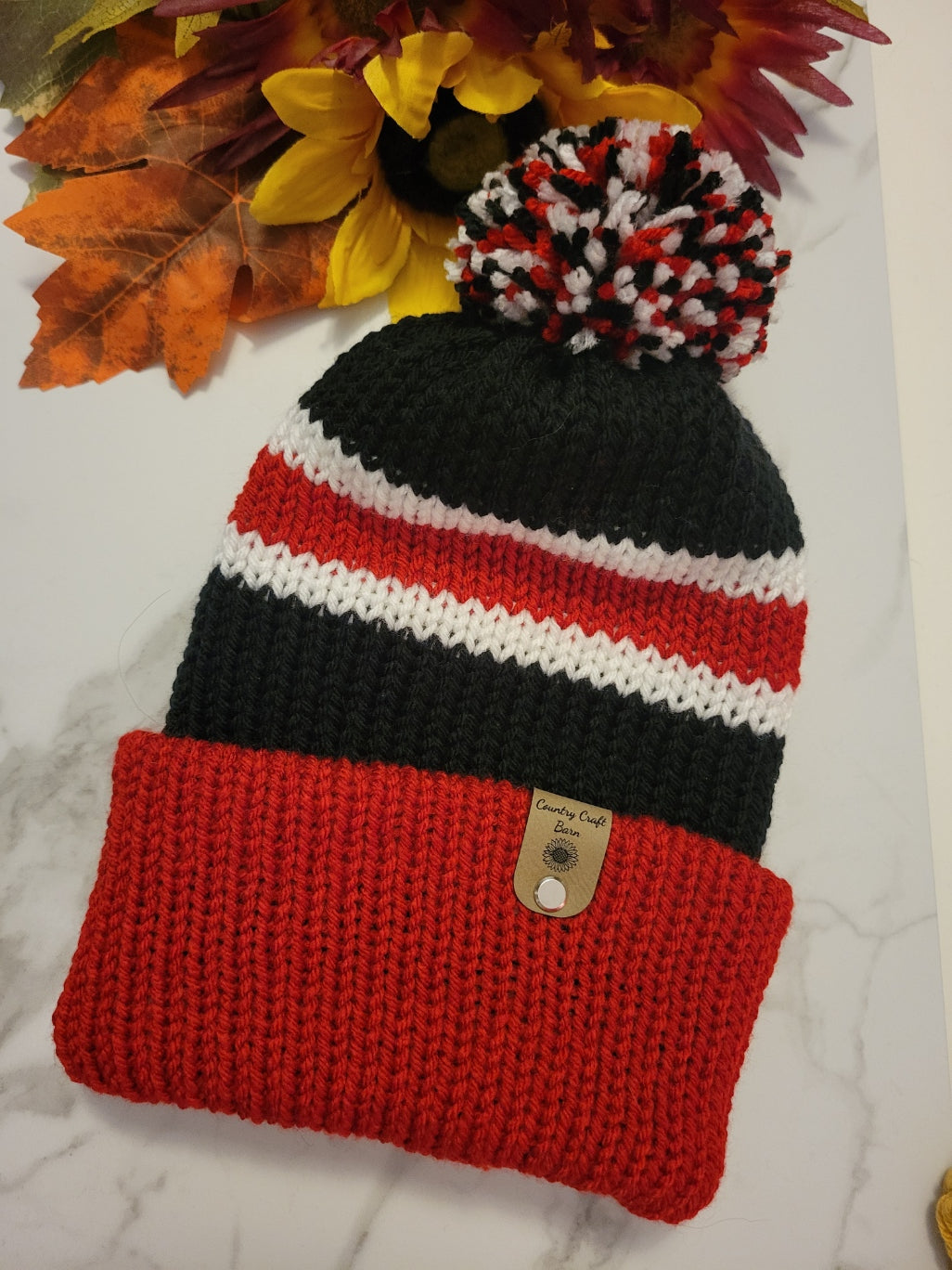 Team Spirit Reversible Knit Hat - Black/Red/White - Country Craft Barn Knit Hat (KH-907)
