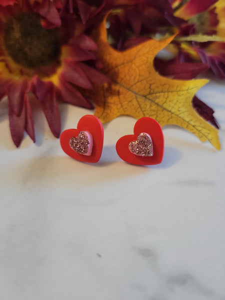 Sweetheart Sparkle Studs - Red/Pink Country Craft Barn Little One Post Earrings (M-004)