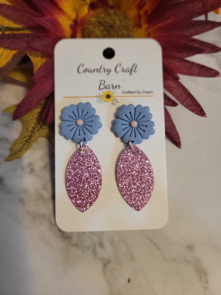 Bubblegum Blossom Drops - Pink/Blue Country Craft Barn Earrings (E-450)