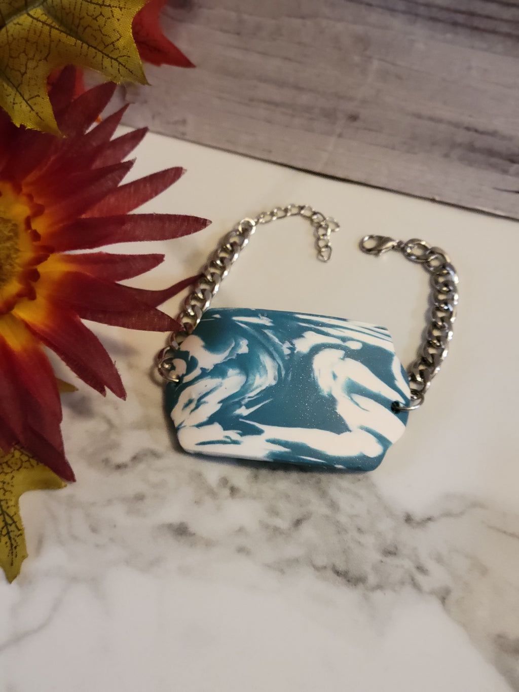Ocean Drift Marble Bracelet – Teal & White Polymer Clay Country Craft Barn Bracelet (B-360)