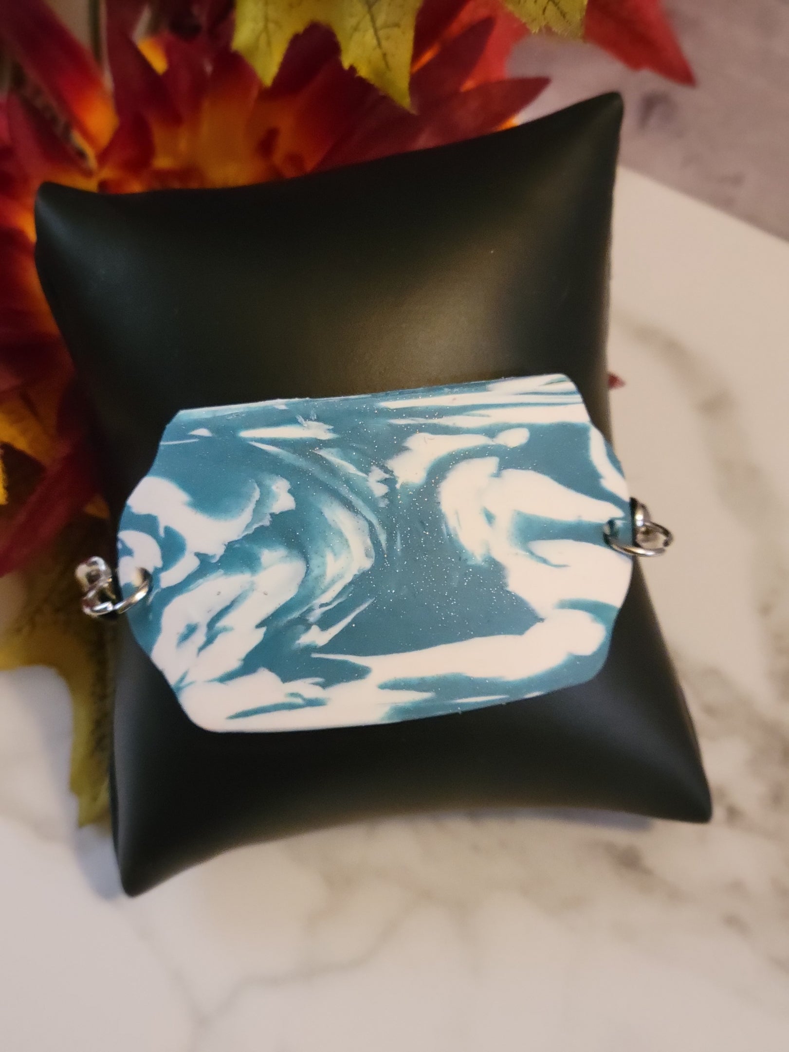 Ocean Drift Marble Bracelet – Teal & White Polymer Clay Country Craft Barn Bracelet (B-360)